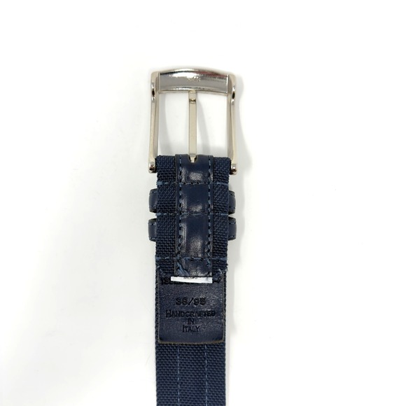 Italian Made Leather Fabric Belt Navy Silver Buckle Mens 38 - Picture 6 of 8